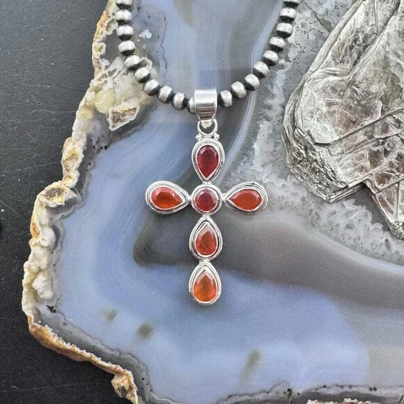 Sterling Silver Southwestern Style Carnelian Decorated Cross Pendant For Women - Picture 2 of 10